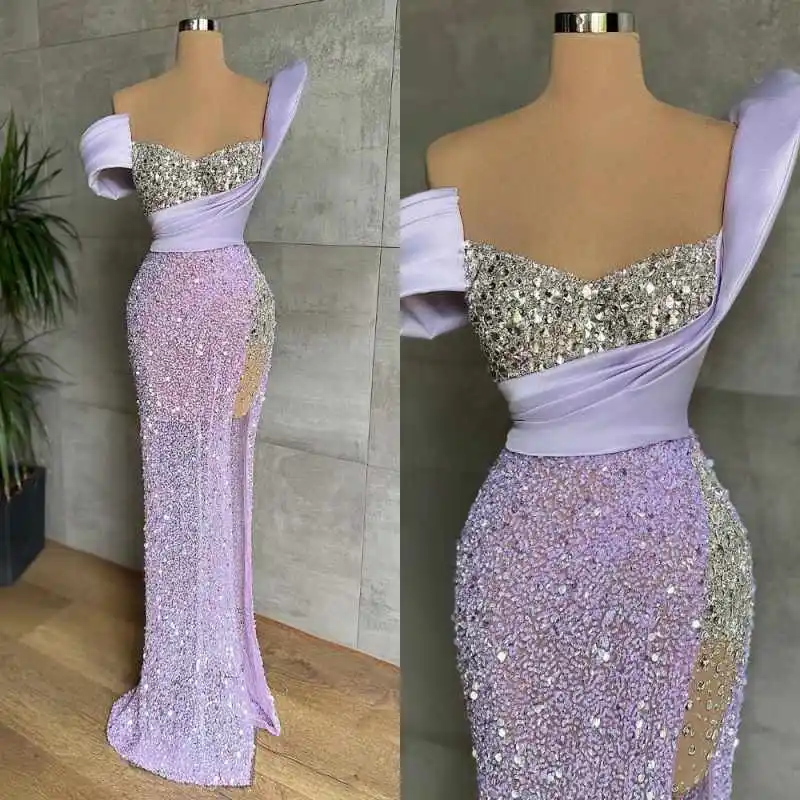 

Stunning Sequins Prom Gowns Off Shoulder Sleeveless Mermaid Evening Dresses High Slit Crystals Special Party Customized