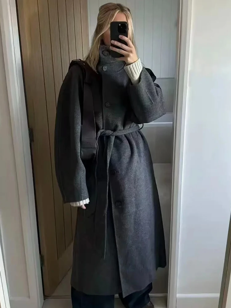 المرأة الرجعية الصلبة الوقوف طوق معطف طويل تويد المرأة أزياء واحدة الصدر معاطف مع حزام سيدة شيك الشارع أبلى #1
