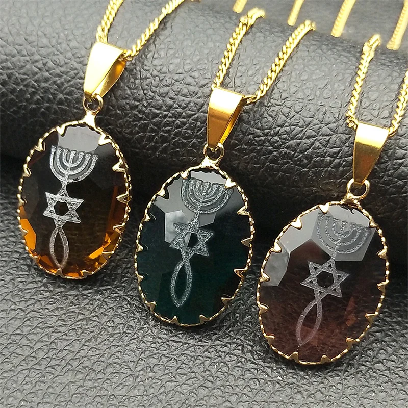 الشمعدان ستار ديفيد اليهودية ماجن يهوديكا العبرية الزجاج قلادة للنساء الرجال الفولاذ المقاوم للصدأ إسرائيل الإيمان مصباح مجوهرات هانوكا