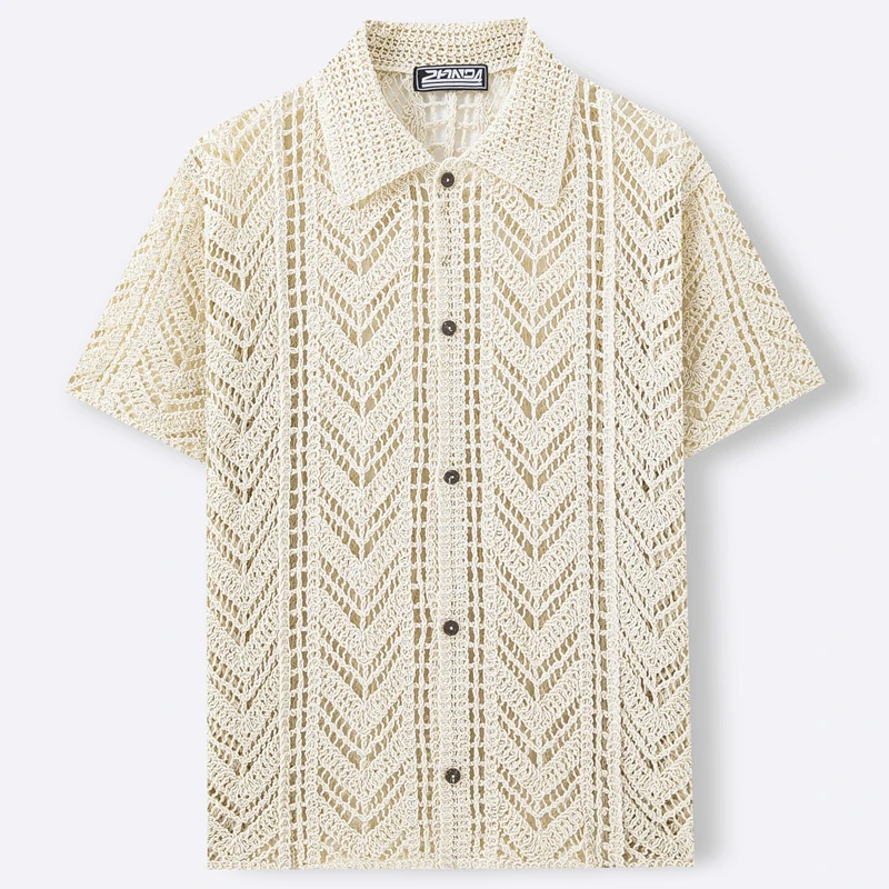 Cotton Fashion Cardigan Polo Shirt for Men Hollow Out Crochet Knitted Tops Man Beach Vacation Lapel Short Sleeve T-shirts SY0122
