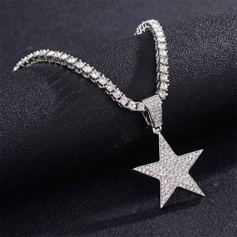 Hip Hop Pentagram Inlaid Zirconia Pendant Necklace for Men Women Universal Fashion Trend Versatile Sparkling Party Jewelry Gift