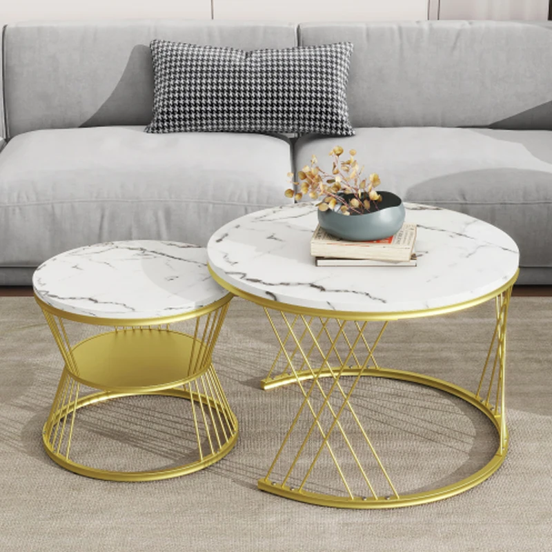 [VIDEO provided] ON-TREND Nesting Coffee Table with Marble Grain Table Top, Golden Iron Frame Round Coffee Table