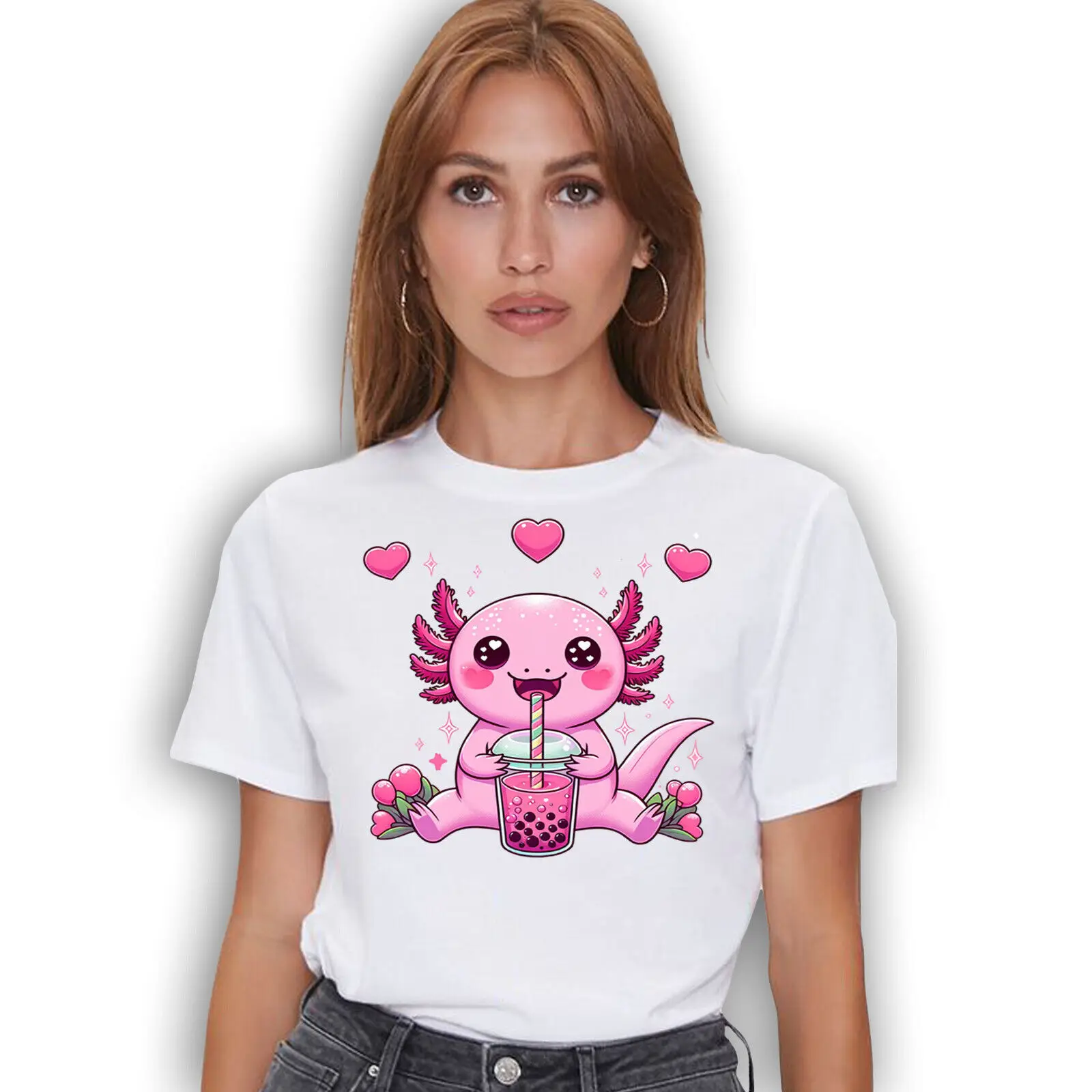 Kawaii Pink Axolotl Bubble Boba Tea Love T-shirt - Novelty Cute Anime Tee