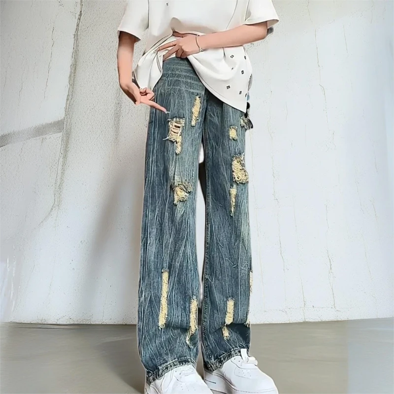 

Vintage Distressed Straight Leg Jeans for Men with Ripped Holes and Elastic Waistband for Casual Wear in Summer