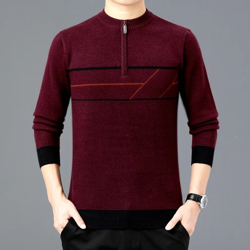 New Men's Long Sleeve Knit Turtleneck Sweater Middle-aged Men Winter Loose Half Zip Base Shirt