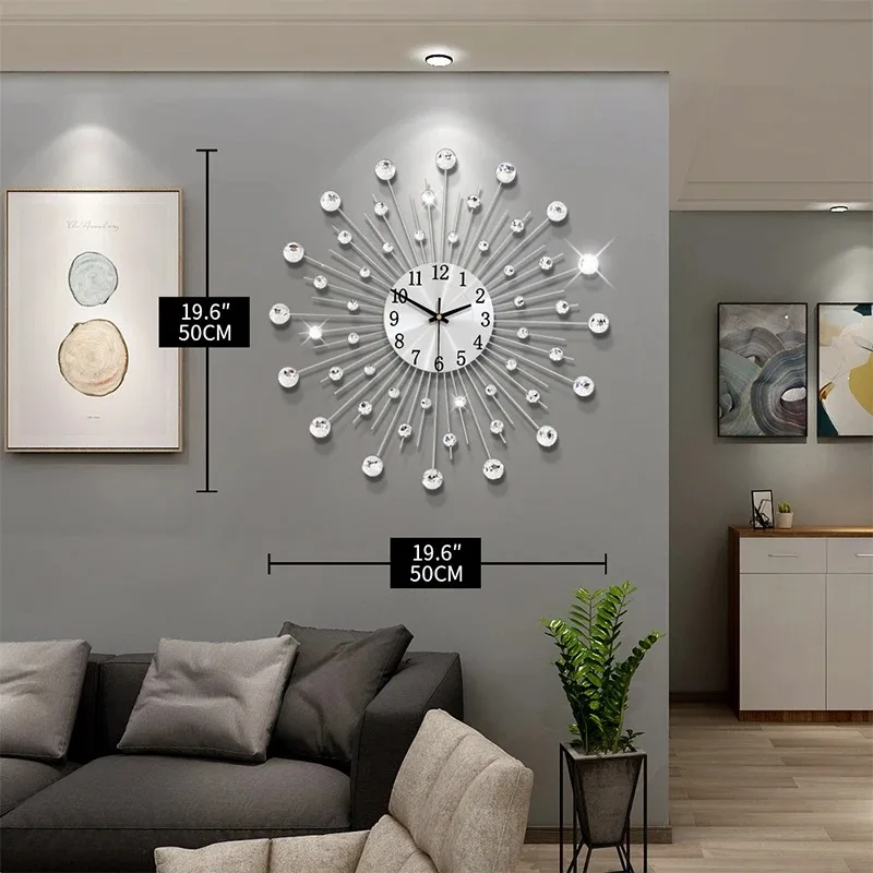 38/50CM Silver Crystal Beaded Jeweled Round Sunburst Metal Wall Clock DIY Large Morden Wall Clock Design Home Rooms Office Decor