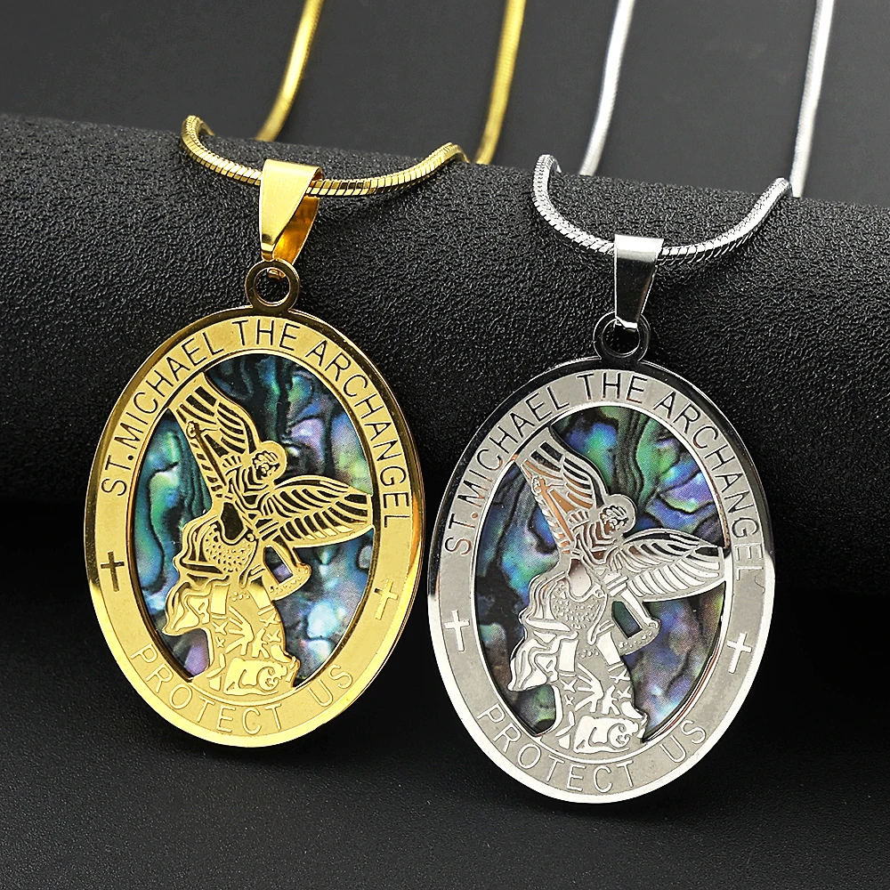 Collier ovale avec pendentif Archange Saint Michel Protège-nous pour femmes et hommes, en acier inoxydable, bijoux chrétiens Saint Michel, cadeau