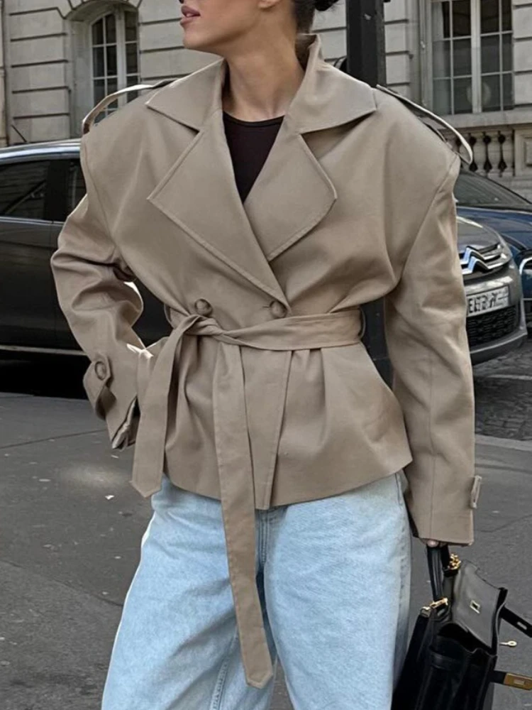 Vintage solide mince femmes coupe-vent col rabattu à manches longues à lacets taille cintrée vestes nouveau Chic dame manteaux haut