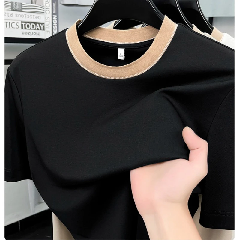 

Men's 2026 Spring Summer Contrast Collar T-Shirt, Soft Cotton Blend, Round Neck Short Sleeve, Smart Casual Daily Wear