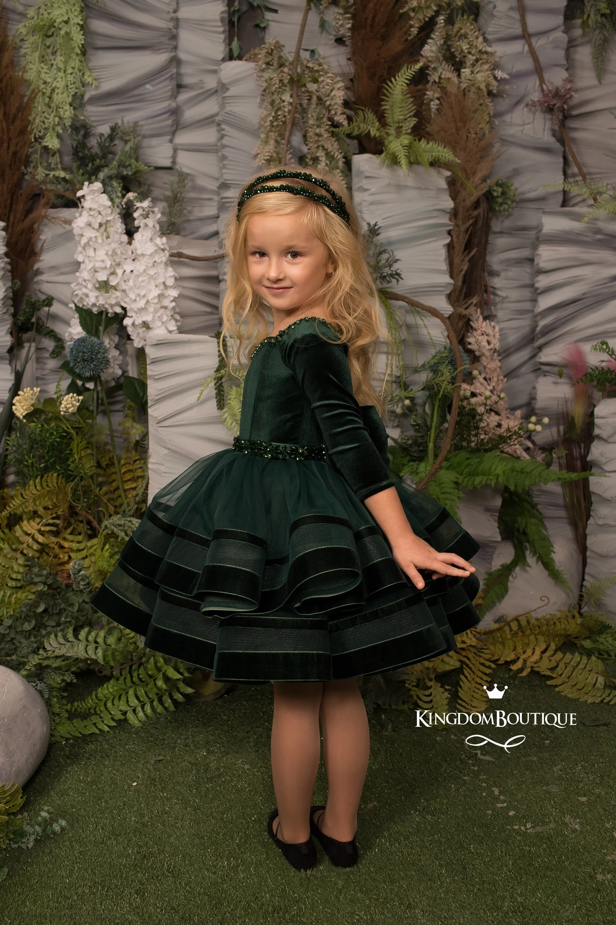 Flower Girl Dress For Wedding Emerald Green Velvet Long Sleeves Special Occasion Pageant Birthday Photoshoot Christmas