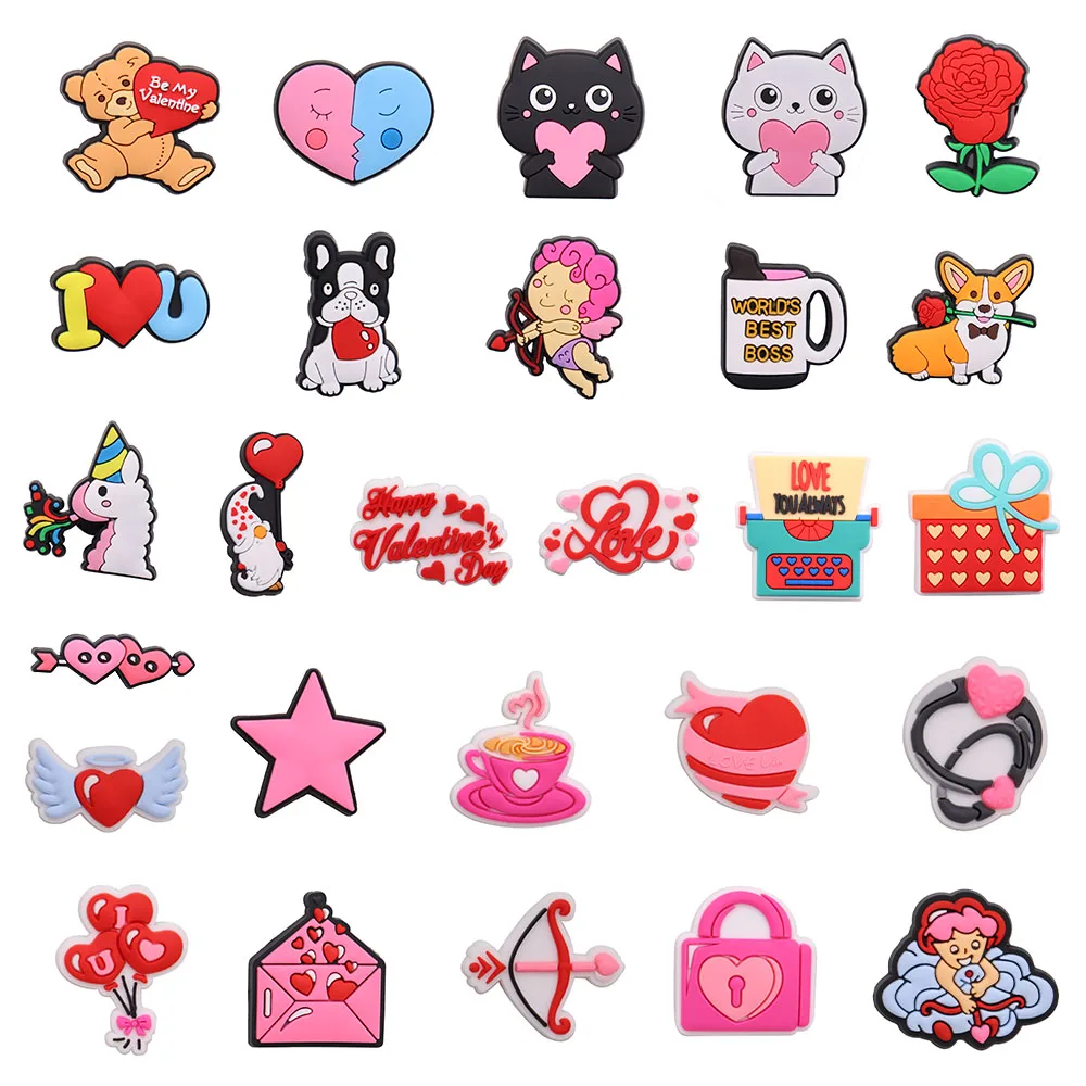 New Arrival 1-27pcs Pink Shoe Charms Cupid Bear Angel Heart Envelope Lock Shoes Accessories Decoration Fit Kids Gifts