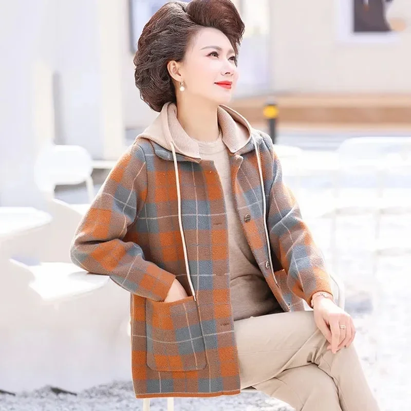 

Pop Pop Mother's Autumn And Winter Hooded Woolen Coat Women's High-End Top 2025 New Women's Loose Fashionable Plaid Coat Women's