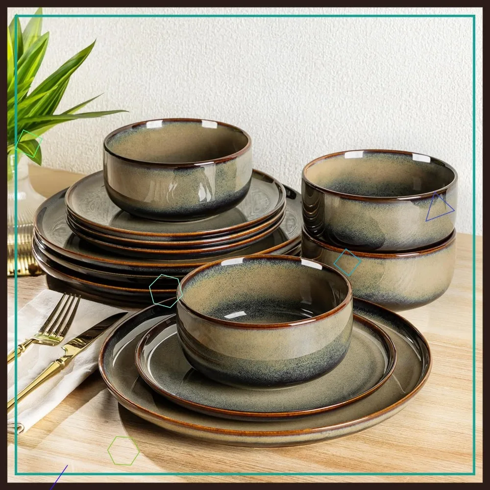 

Handmade Ceramic Dinnerware Set for 4, 12-Piece Reactive Glaze Plates & Bowls, Scratch Resistant, Oven Microwave Dishwasher Safe