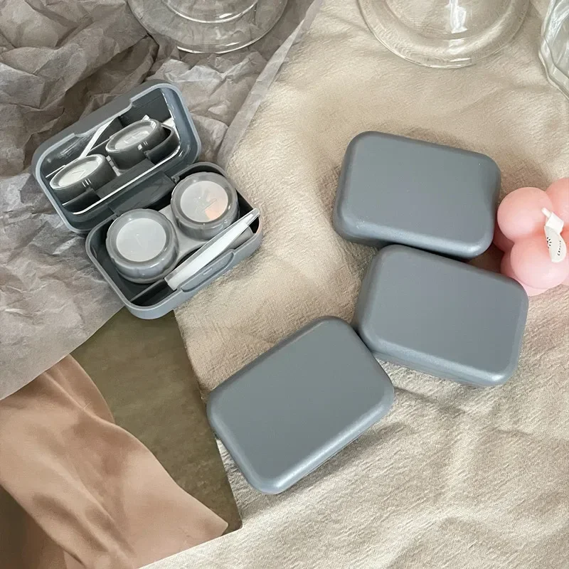 Macaron Color Contact Lens Case Kit with Tweezers and Suction Stick Mini Square Eye Care Storage Box with Mirror Solid Color