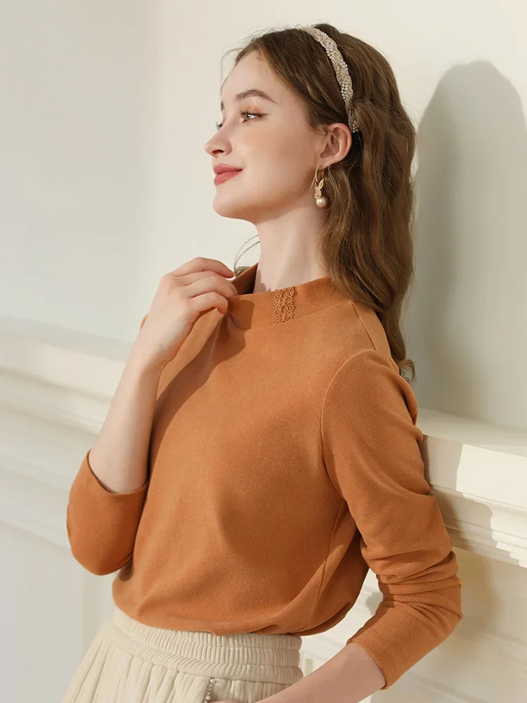 I BELIEVE YOU Velluto Woomen T-shirt Colletto alla coreana in pizzo Manica lunga 2023 Inverno Nuova camicia base Calda Slim Casual Top 2234235357