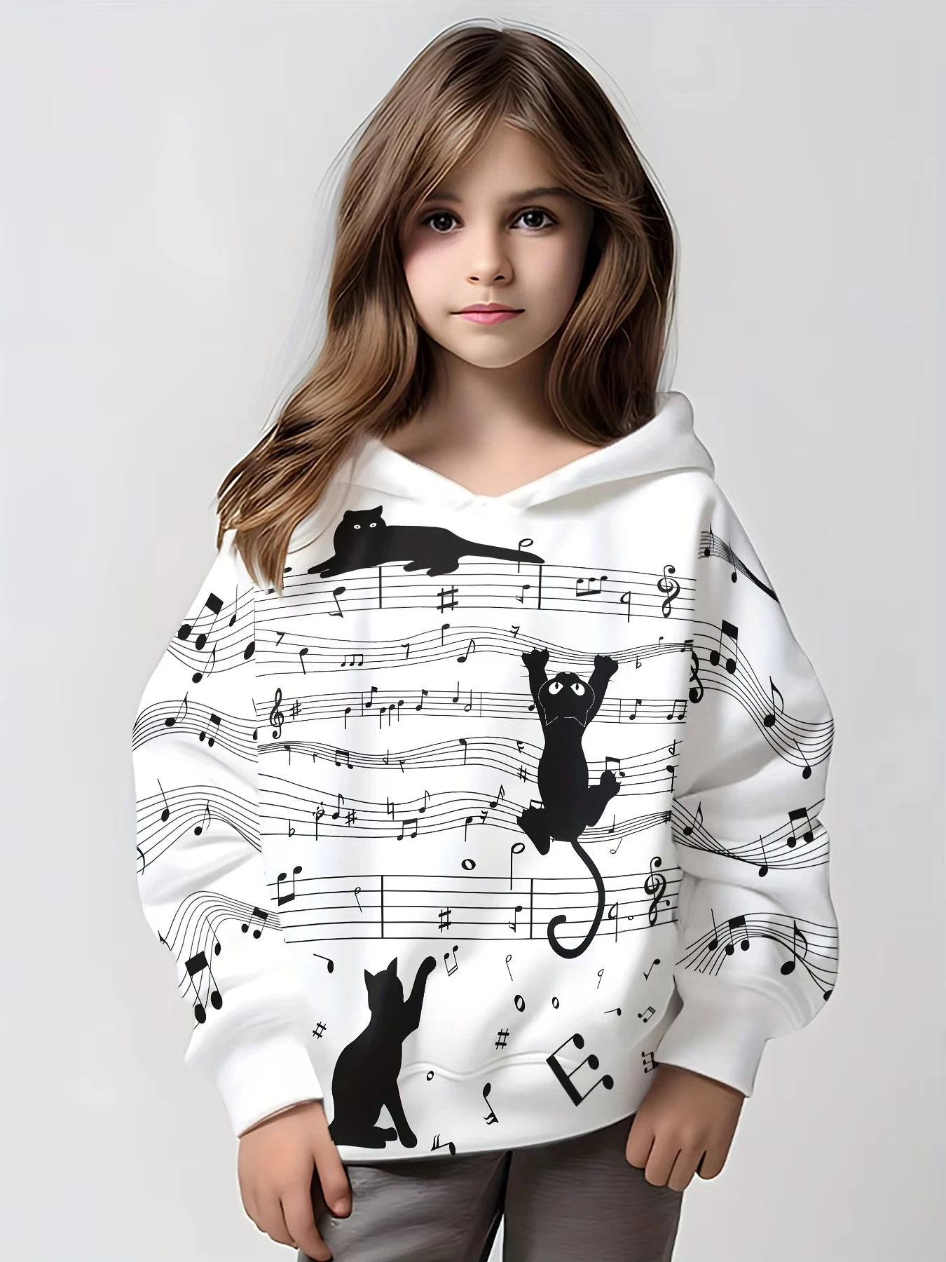 

Детская толстовка с капюшоном, осенне-зимний топ, черный повседневная праздничная одежда с принтом кота и музыкальной ноты для мальчиков и девочек