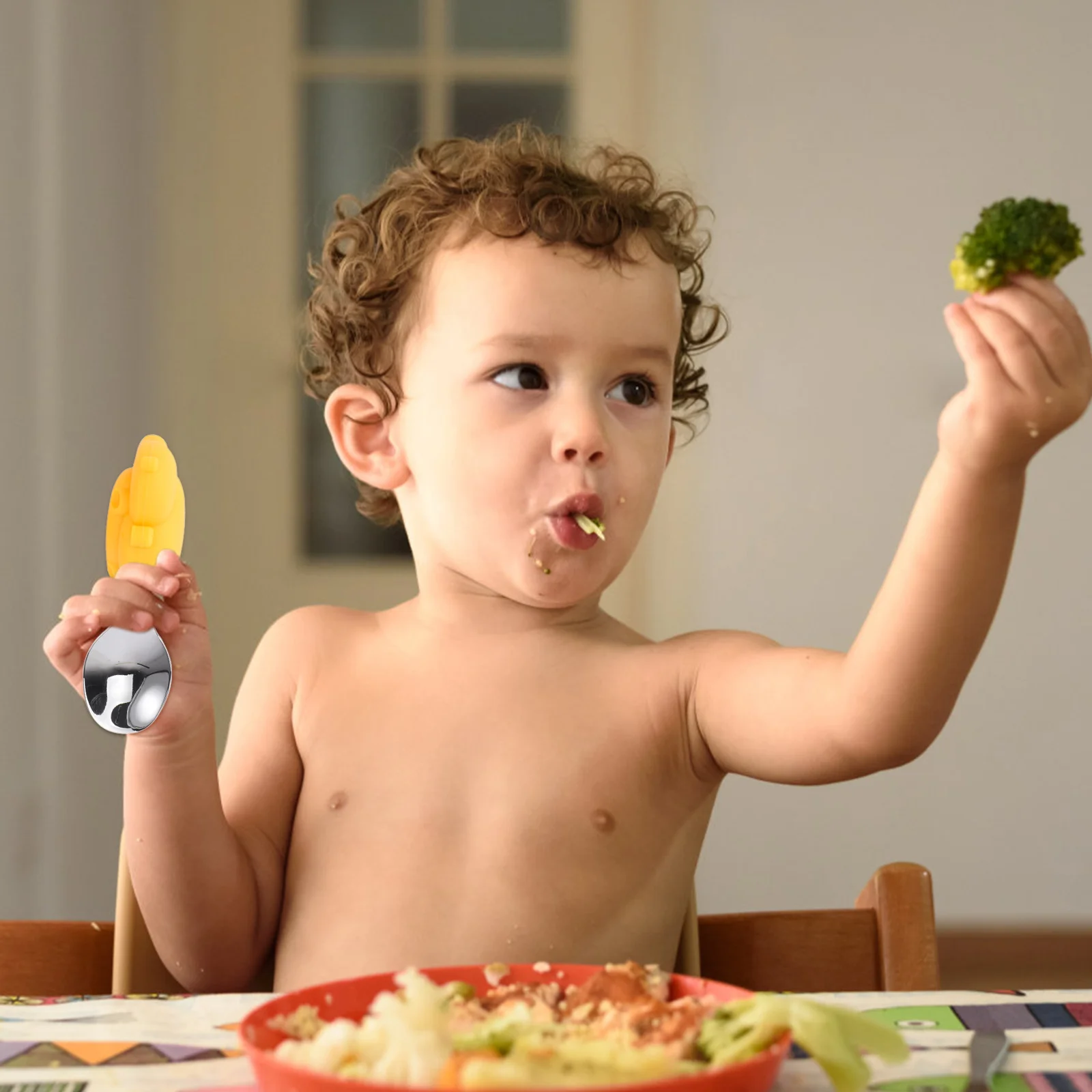 

1Set Kids Eating Tool Stainless Steel and Silicone Durable Tableware Set Cartoon Non-Slip Grip Training Tableware