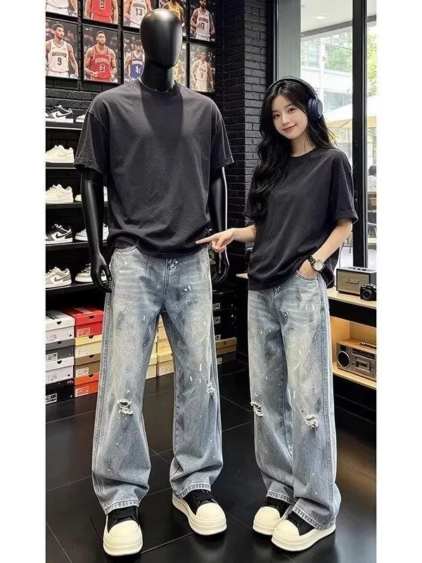 Jeans Americanos Retro de Verão com Pernas Largas para Homens e Mulheres, Calças de Corte Solto com Rasgos, Estilo Casual ...