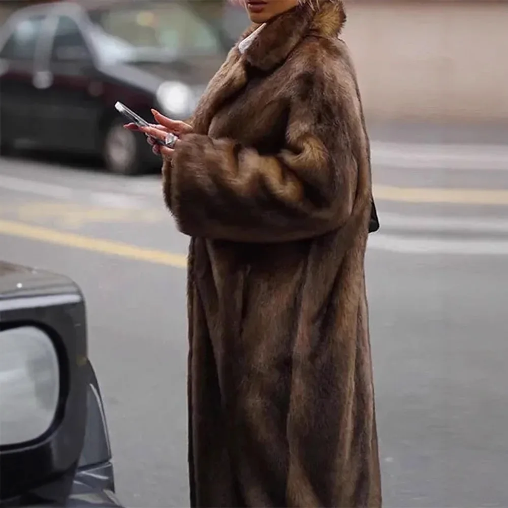 Chaqueta larga de piel sintética, abrigo a prueba de viento para mujer, abrigo de piel Artificial esponjoso, abrigo de piel de visón de lujo para mujer, abrigo Vintage para mujer