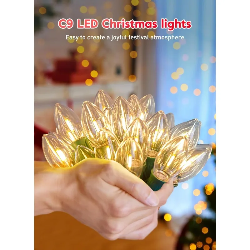 ヴィンテージC9 LEDクリスマスライト,屋外照明,200フィート,c9ストリング,飛散防止,暖かい白色電球,防水,接続可能