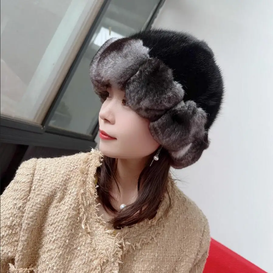 Luxury Women's Winter Genuine Chinchilla Fur Hat Fluffy Warm Benies Natural Mink Fur Caps Fashion Accessory