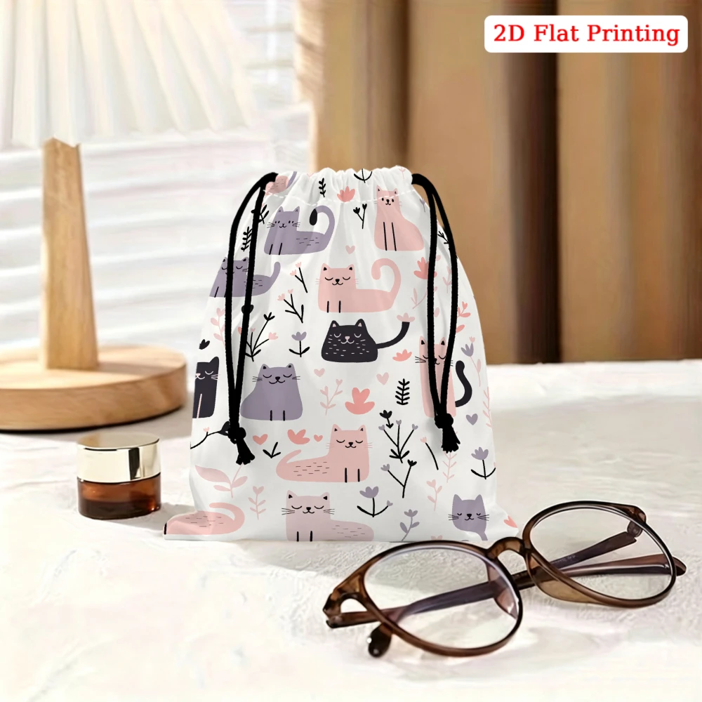 1pc Cartoon Cat Print Drawstring Bag White Cute Kitten Pattern Storage Small Pouch For Glasses Cosmetics Travel Organizer Portab