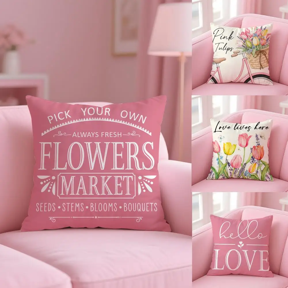 Pink Tulip Bicycle Cushion Cover Soft Short Plush Double-Sided Printing Home Decor Machine Washable Pillow Case Gift