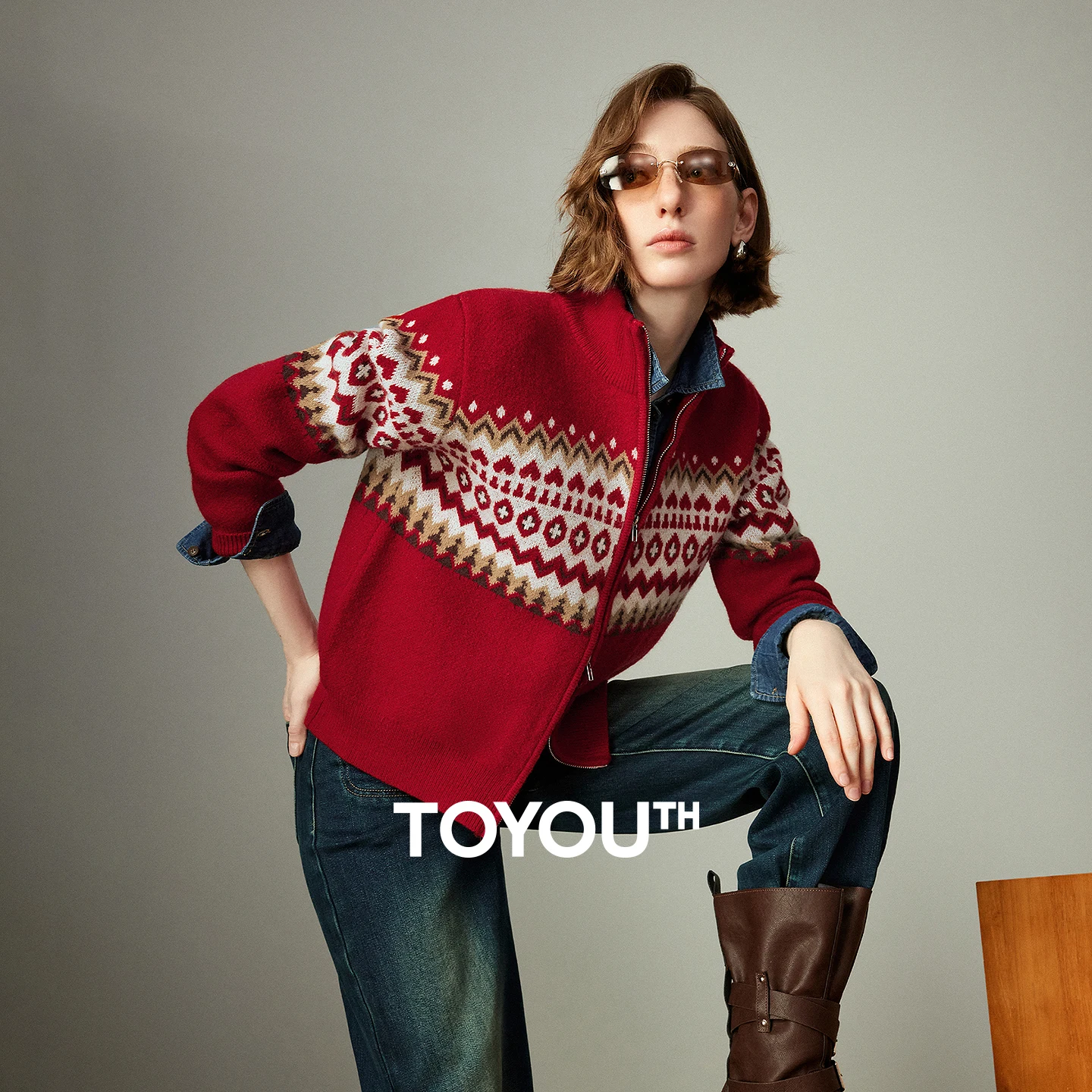 

TOYOUTH женский свитер, новинка зимы 2021, воротник-стойка на молнии, винтажный жаккардовый толстый топ в скандинавском стиле Fair Isle