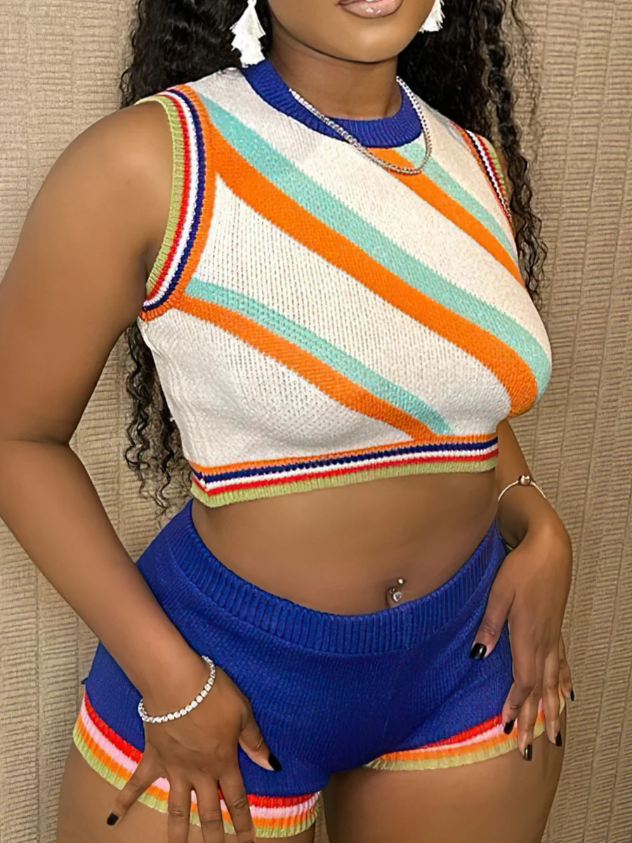 

LW Crop Top Striped Shorts Set Women Summer Matching Set Round Neck Sleeveless Color Block Two Pieces Outfit for Vacation