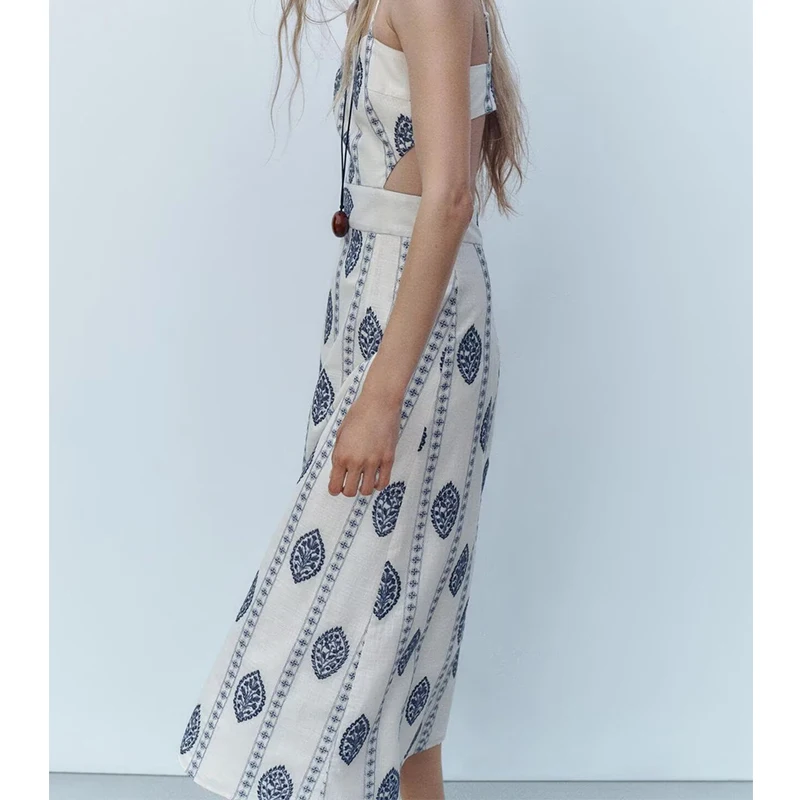 Sukienki damskie z haftem kwiatowym, seksowne, z wycięciami, linia A, midi, na ramiączkach, letnia sukienka, elegancka sukienka wakacyjna, vestidos