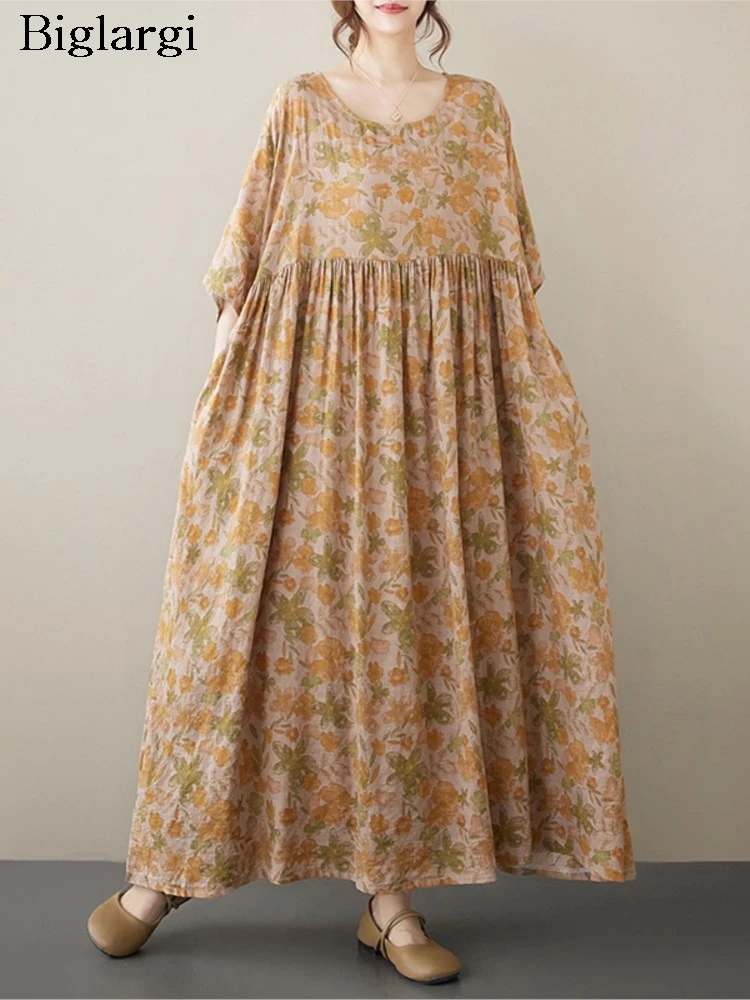 

Oversized Summer Long A-Line Dress Women Flower Floral Print Fashion Ruffle Pleated Ladies Dresses Loose Casual Woman Dress