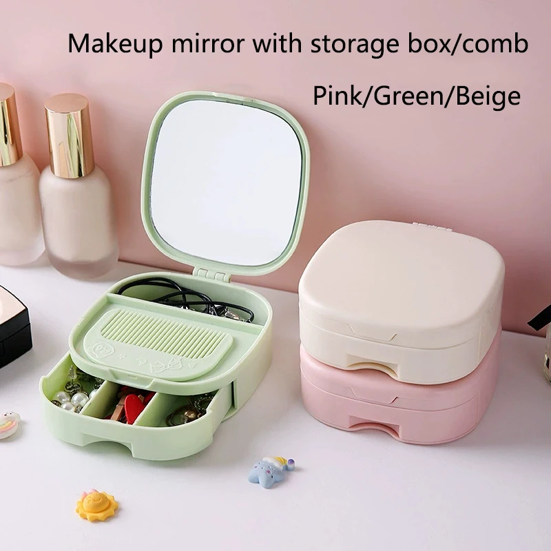 Portable Desktop Makeup Mirror with Storage Box and Comb Dormitory High-Definition Folding Vanity Mirrors Multi-Cosmetic Mirror