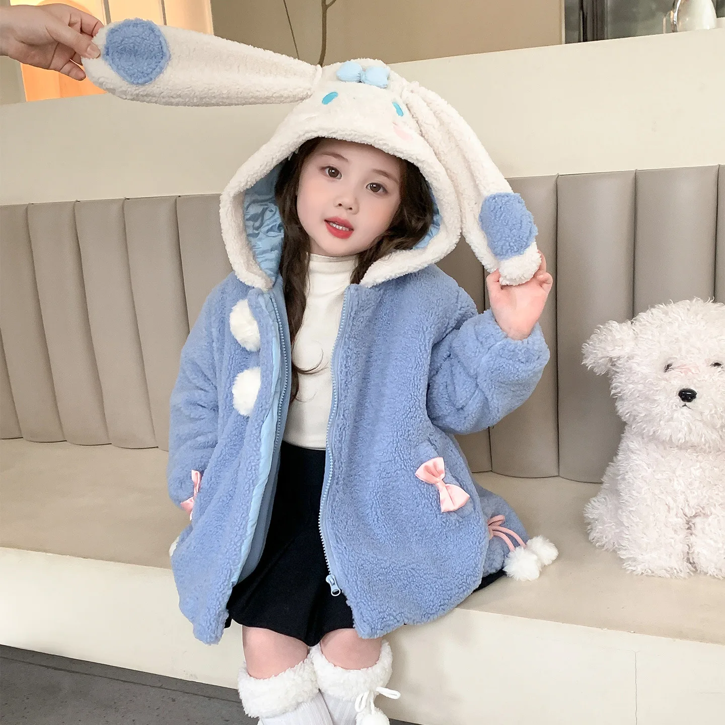 

Осенне-зимняя милая куртка с капюшоном для девочек в стиле аниме Cinnamoroll, детский плюшевый толстый повседневный теплый топ из кораллового флиса с героями мультфильмов