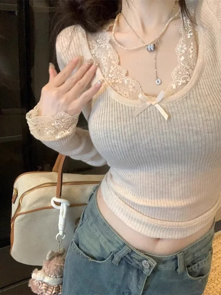 

Korean Sle Lace Splice Knitted Sweater Women's Inner Wear Autumn Winter plus Size Slimming Base Layer Top Sweet Spicy Girl