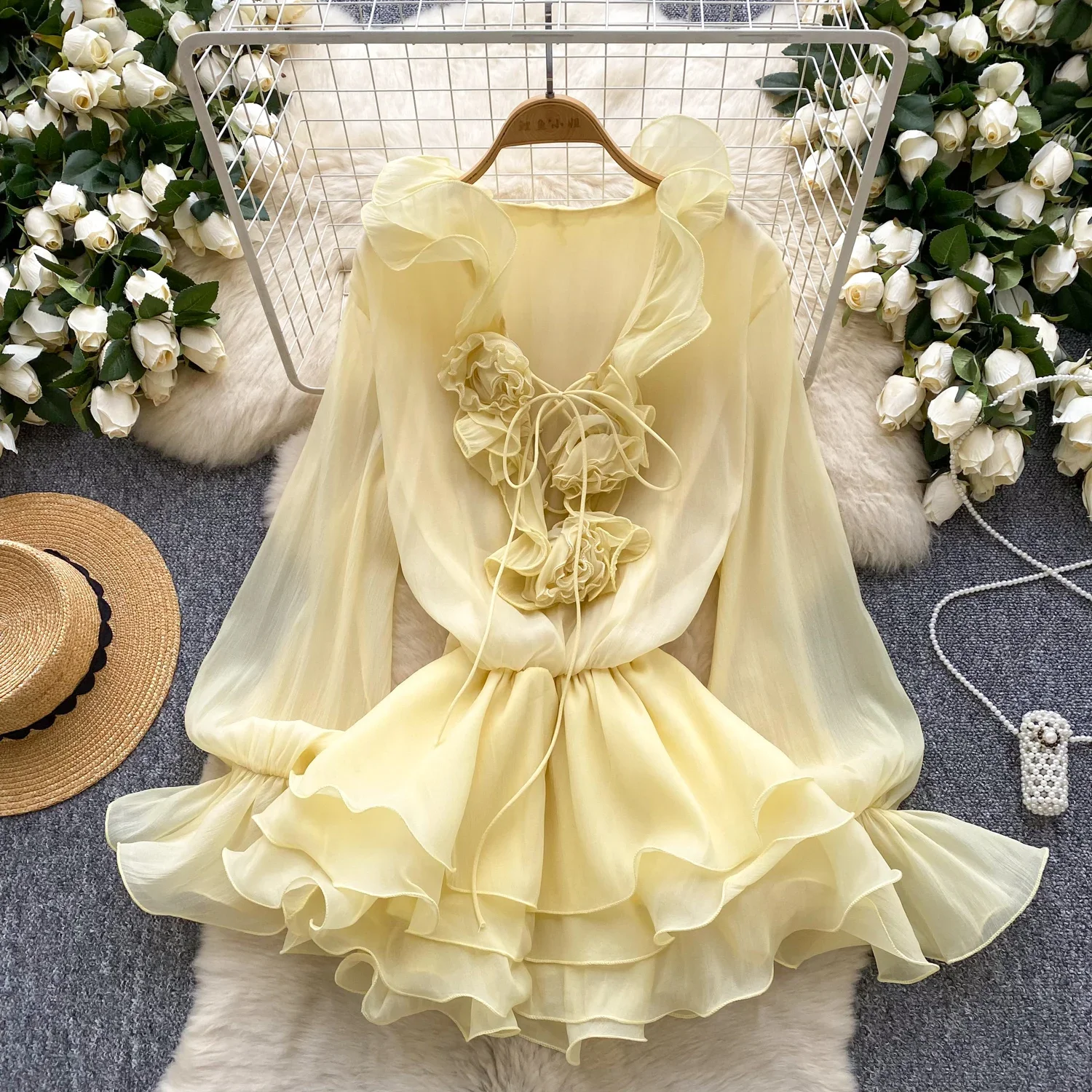 Nuovo abito corto da spiaggia floreale 3D maniche lunghe femminile con lacci volant in chiffon torta vestito estivo abito bohemien vintage sexy trasparente