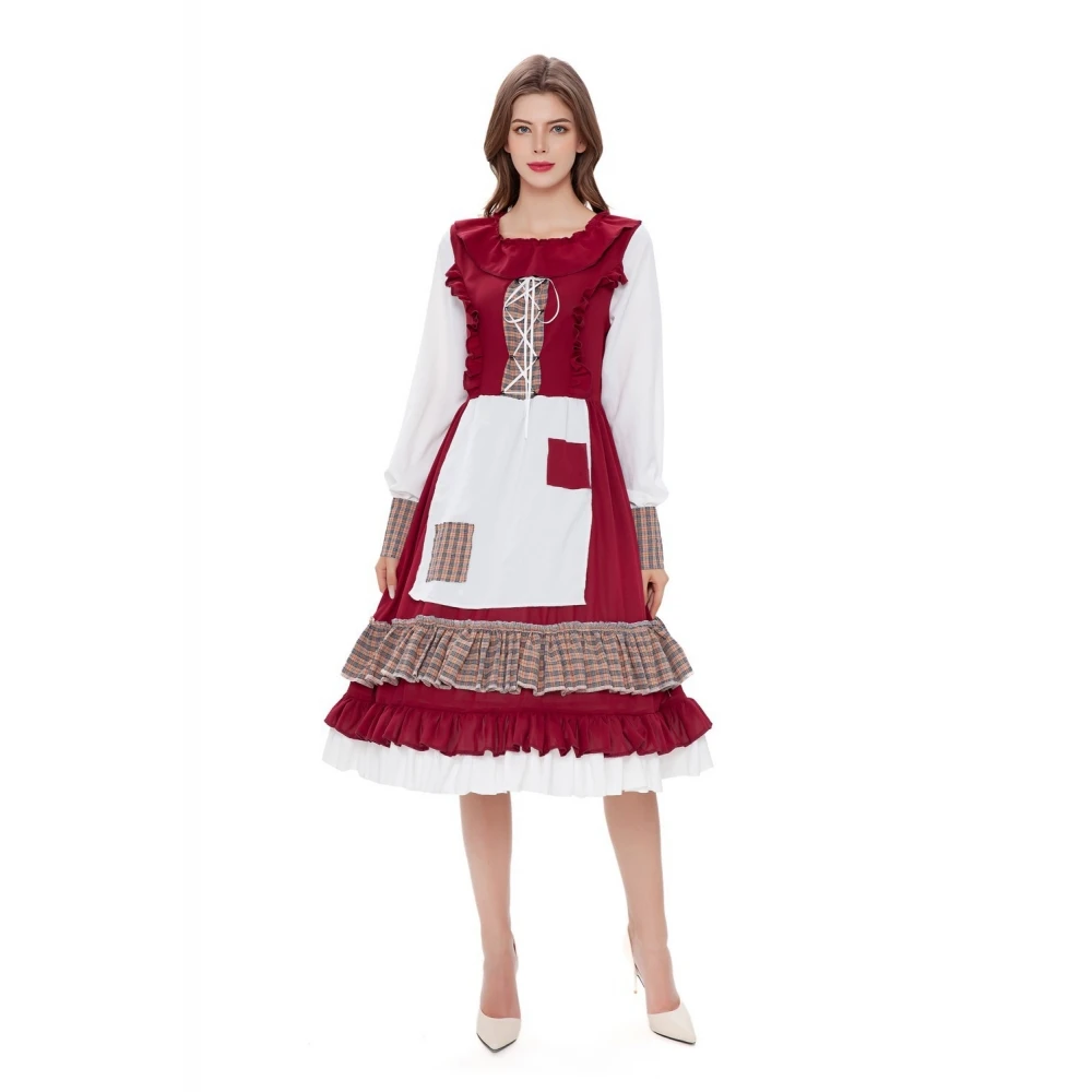 Adult Little Red Riding Hood Cosplay Costume Party Performance Maid Servant Outfit Halloween Country Estate Farm Theme