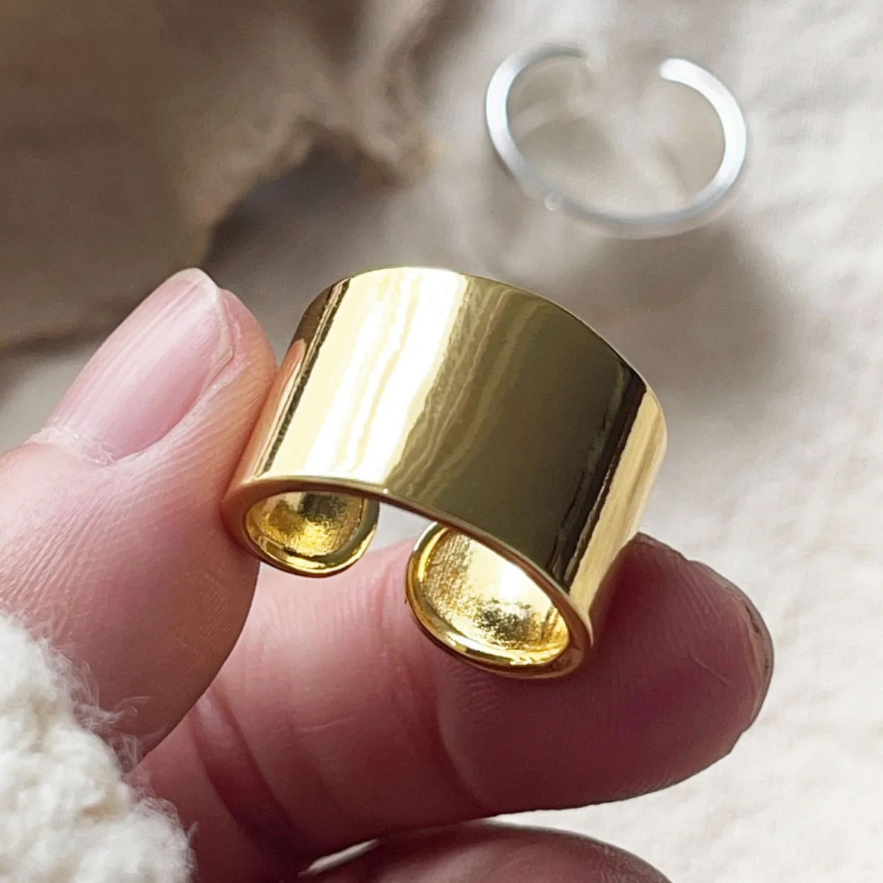 925 Sterling Silver Rings For Women Geometric Fine Jewelry Finger Adjustable Smooth Gold Wide Ring For Party Birthday Gift