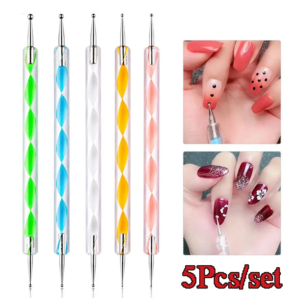 Dual-Ended Metal Ball End Nail Art Pontilhando Caneta, Dicas, Crystal Beads Handle, Desenho, Pintura, Strass, Ferramentas de Manicure, 5pcs, Conjunto