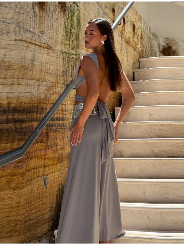 Refined Stylish Gown Luxe Cutout Sequins Women Maxi Dresses Autumn Weekend Chic Female Tops Skirt Suit