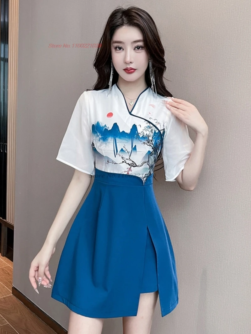 

2025, китайское сексуальное платье для ночного клуба, банкетное платье Cheongsam, традиционное платье Ципао с цветочным принтом + шорты, рабочее платье в восточном отеле, спа