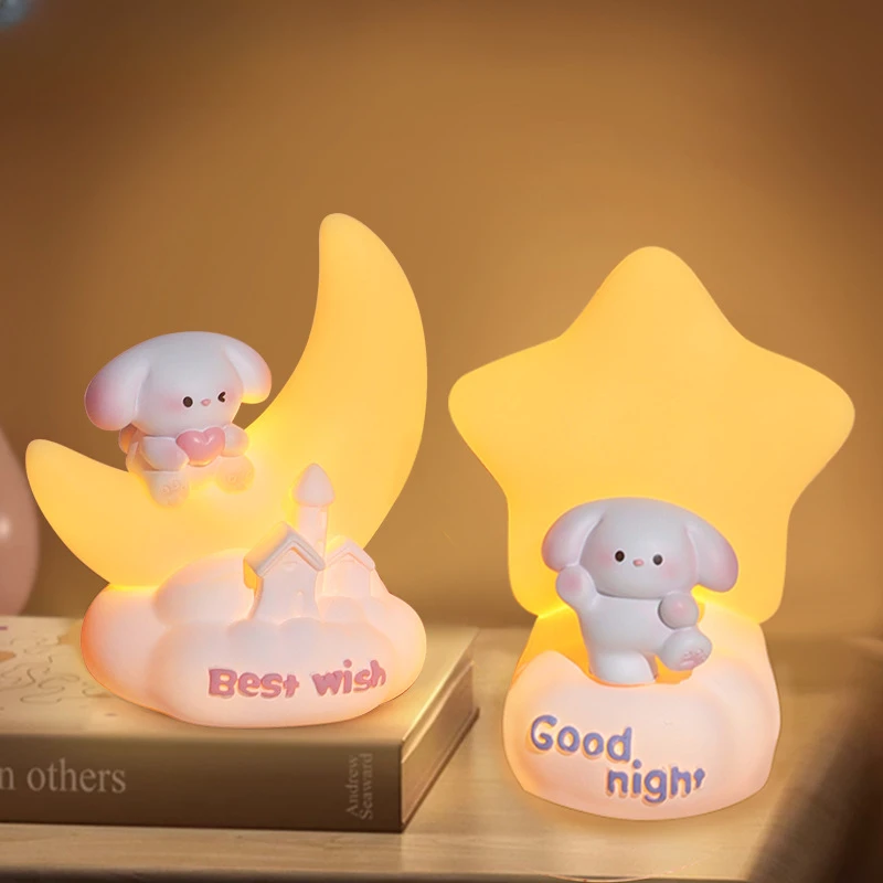 Cute Puppy Enamel Small Night Light Moon Stars Soft Light Bedroom Bedside Light Home Decoration Girl's Birthday Gift Room Decor