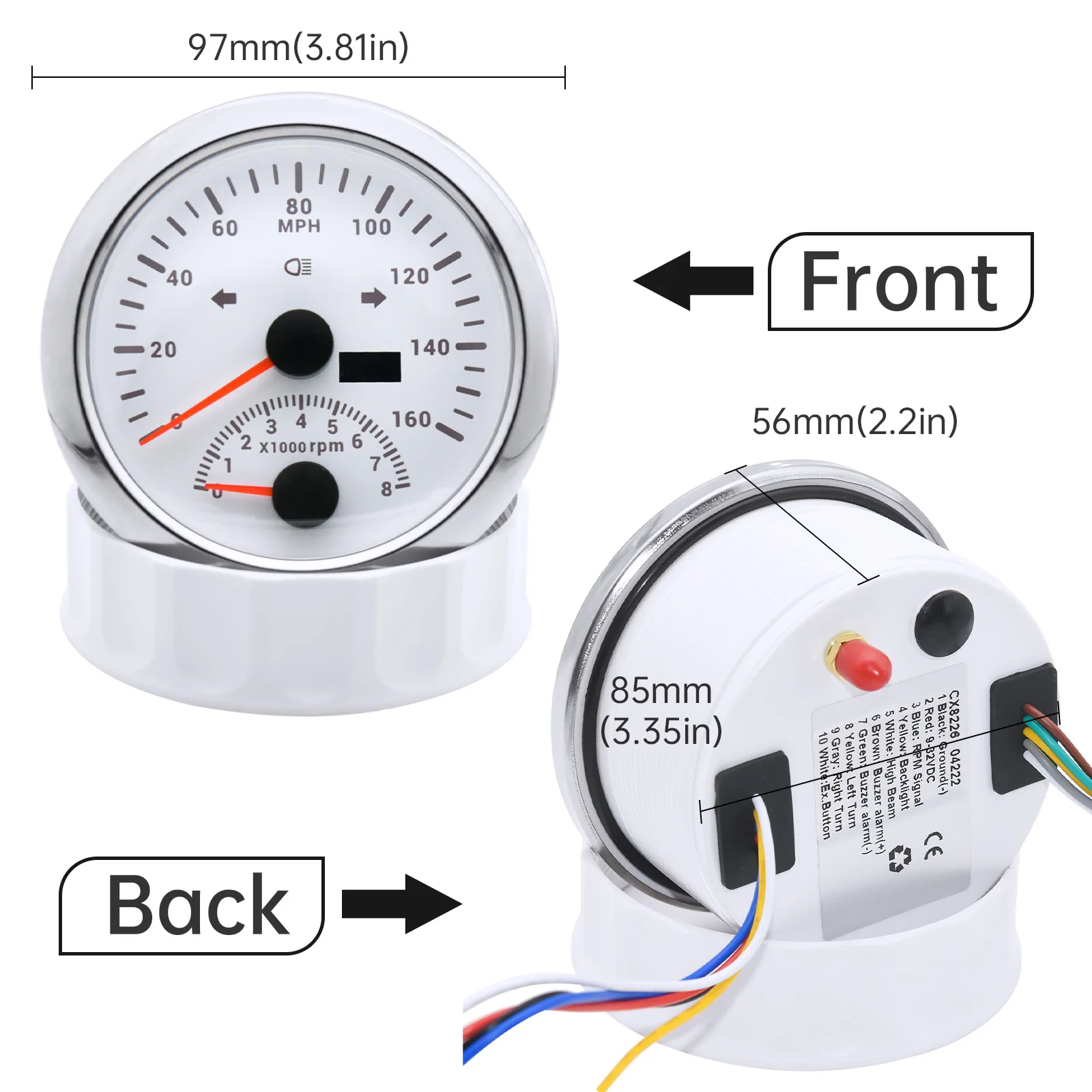 85mm GPS Speedometer 0~160 MPH  with Tachometer 8000 RPM with GPS Antenna Mileage Red Backlight for Boat Truck Car Waterproof