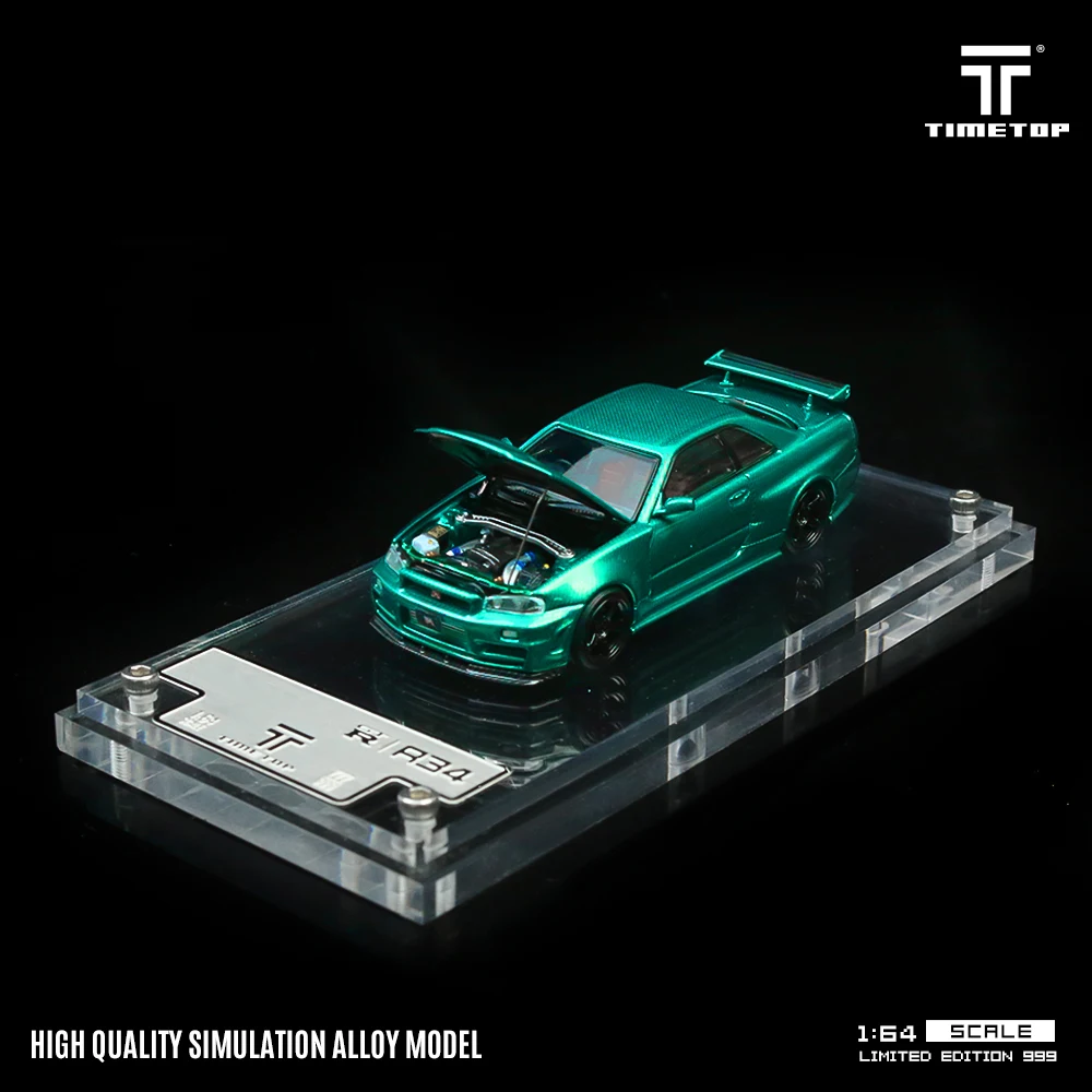 TM In Stock 1:64 Skyline GTR R34 Green Carbon Hood Diecast Diorama Car Model Collection Toys Time TOP Micro