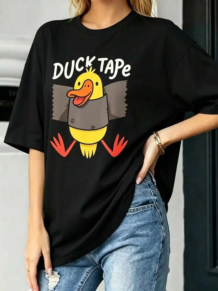 Women Trendy Funny Cartoon Duck Print Oversized T Shirt Short Sleeve Streetwear Summer Everyday Wear Casual Top