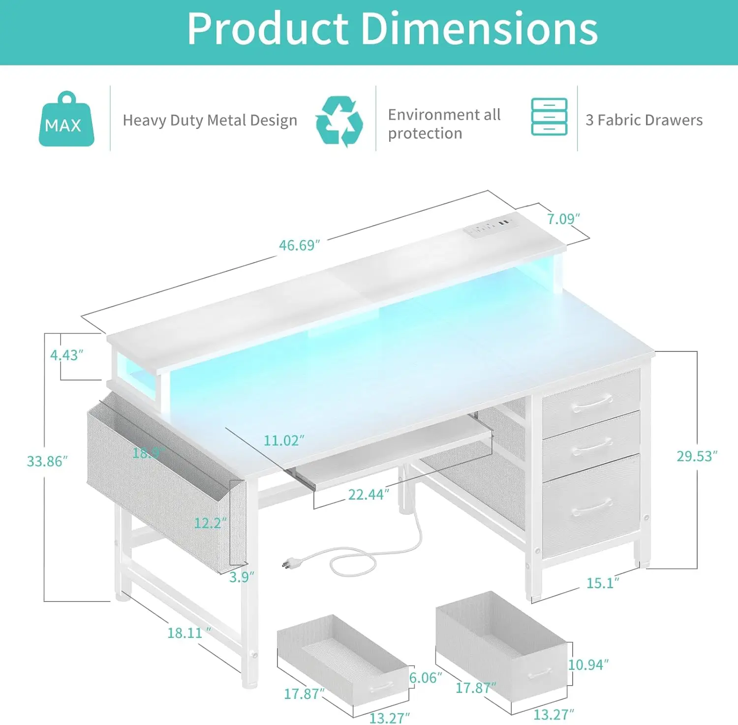 Bureau d'ordinateur de jeu avec lumières LED, armoire à proximité des fichiers, bureaux de bureau à domicile, armoire à clavier, blanc, 47 po