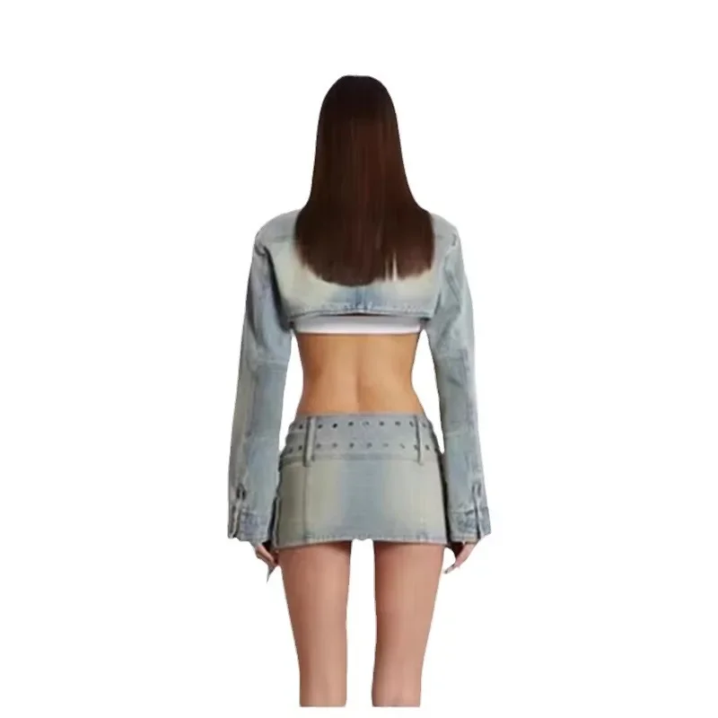 Washed Denim Two-Piece Set for Women Long Sleeve Crop Tops Low Waist Short Skirt Lace Up Streetwear Hot Girl Autumn 2023