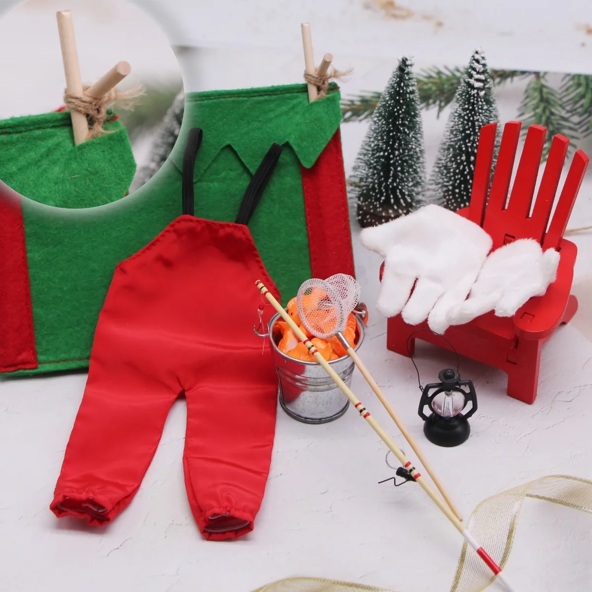 1 Satz Puppenhaus Elf Baby Mini Angeln Requisite Modell Outdoor Picknick Camping Szene Weihnachten Dekor Zubehör Spielzeug