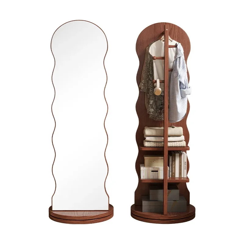 Rotatable Full Length Mirror with Coat Rack Floor Standing Mobile Dressing Glass for Bedroom Home Use Large Size