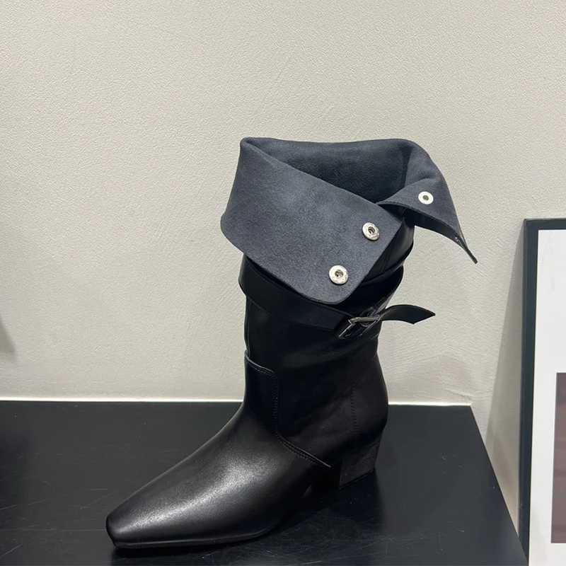 منتصف العجل عالية الكعب النساء الأحذية مكتنزة تشيلسي الأحذية الجلد المدبوغ أحذية شتاء 2025 أنيقة حذاء الثلج عالي الرقبة دافئ عادية المشي Zapatos سيدة