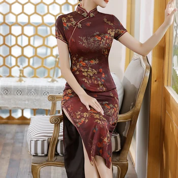 Çin tarzı cheongsam'lar kadın geleneksel elbise çiçek baskı Qipao saten Vestido Para Mujer dilme Hem Bodycon büyük boy 5Xl